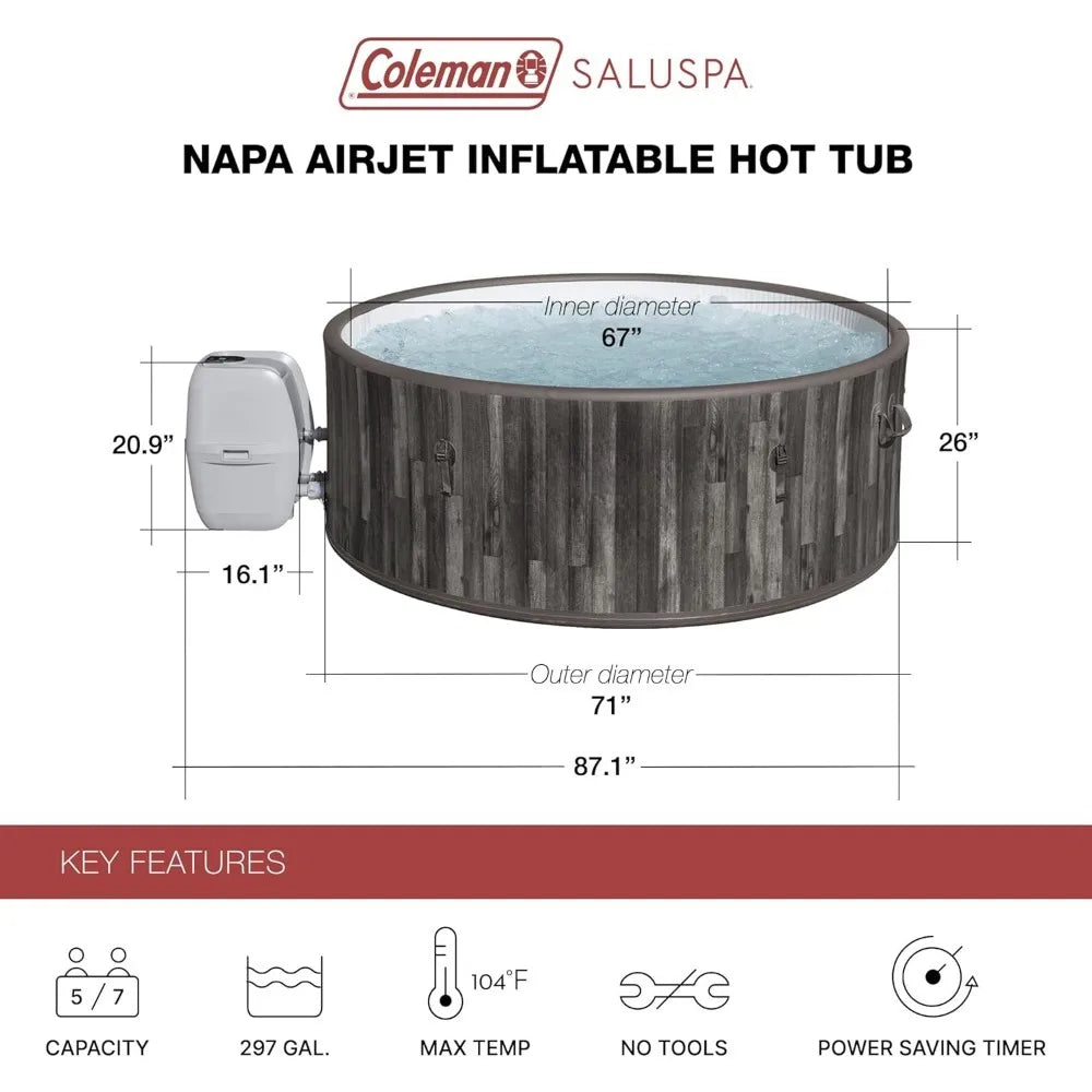 SaluSpa Napa AirJet 2 to 7 Person Inflatable Hot Tub Round Portable Outdoor Spa with 180 Soothing Jets with Cover, Gray - PoolGearX