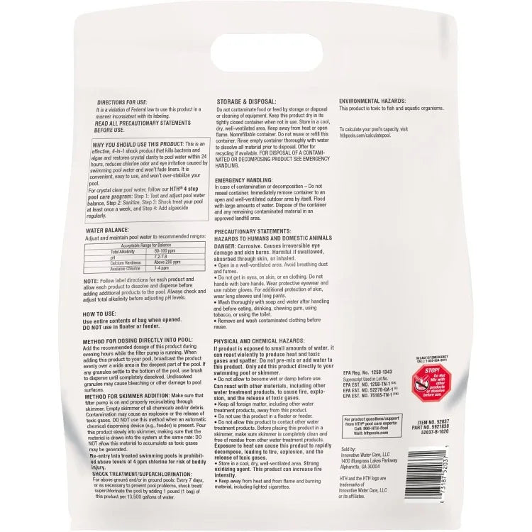 HTH 52037R Pool Care Shock Advanced, Swimming Pool Chemical - Cal Hypo Formula, Prevents Bacteria & Algae, Restores Crystal Clea - PoolGearX